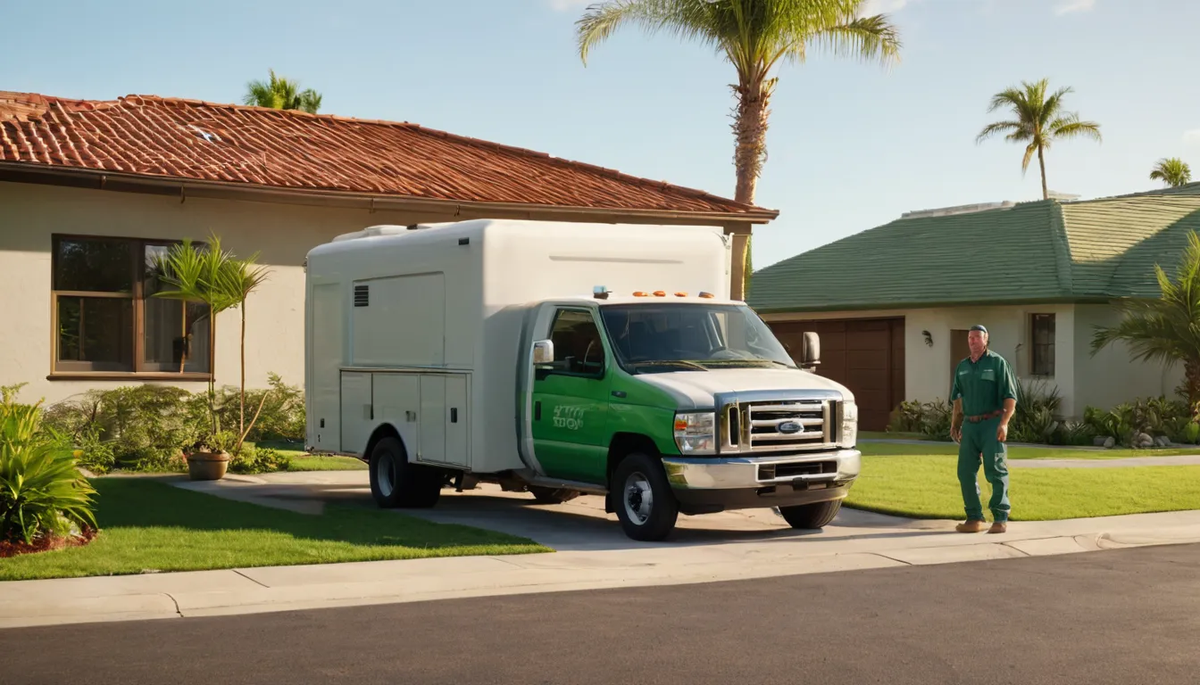 Septic service truck parked at a home in Delray Beach during a clear day